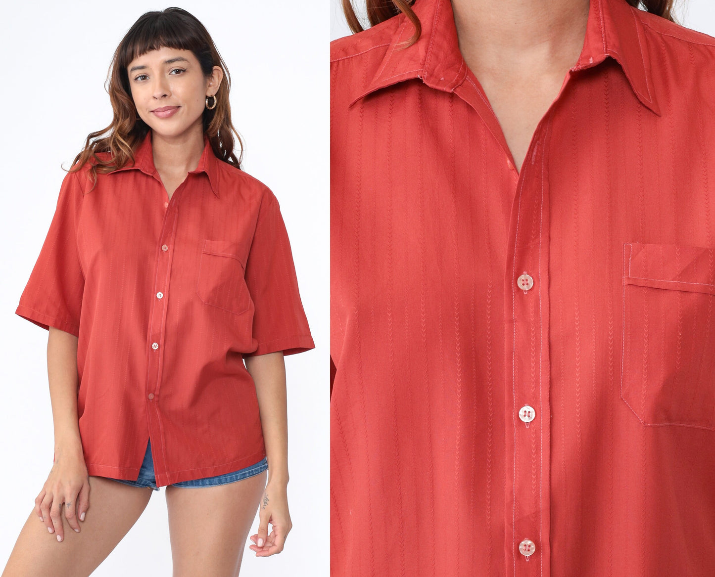 70s Rust Red Button-Up Shirt Pointed Collar Chest Pocket Men's Medium