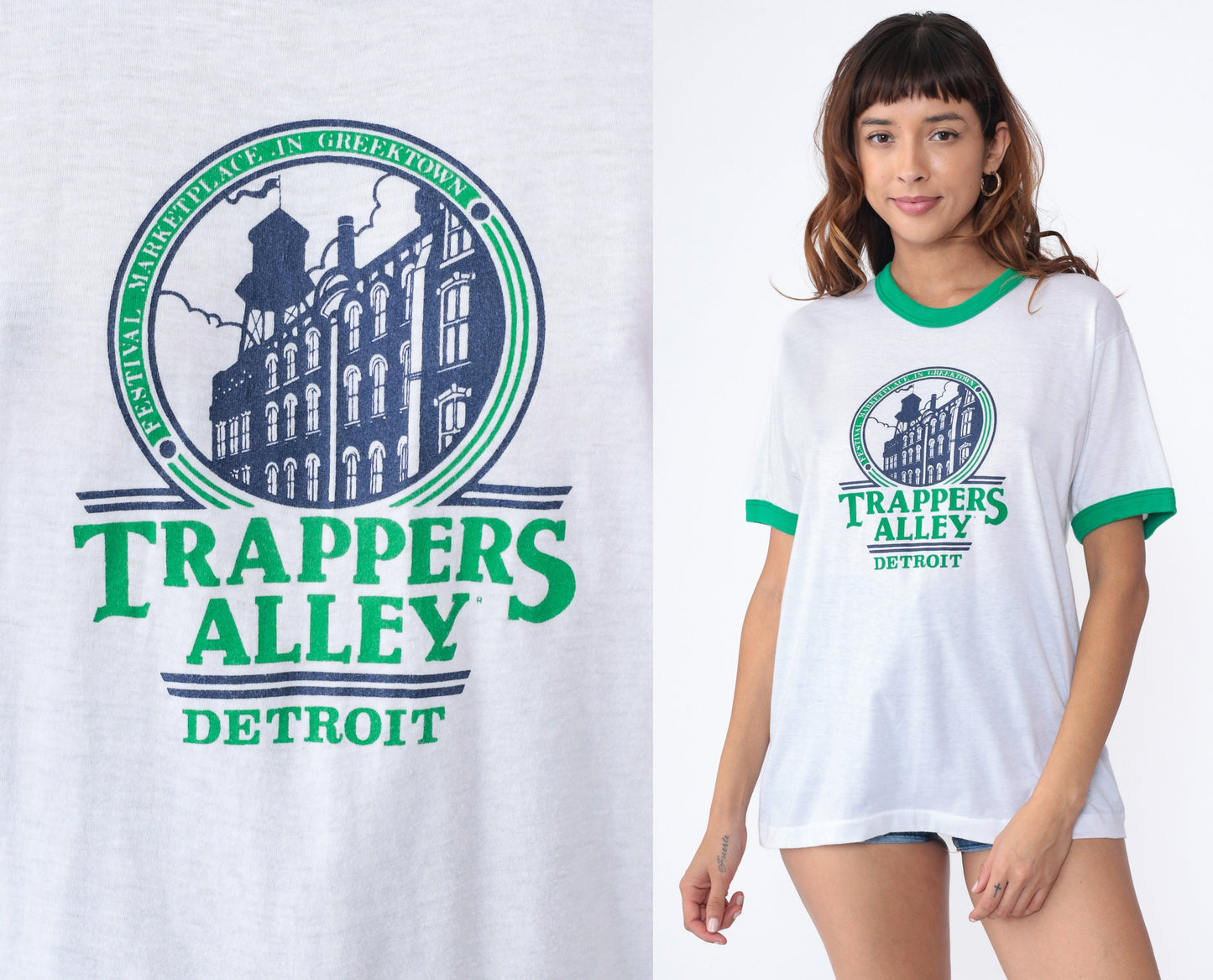 80s Trapper's Alley Detroit Ringer Tee Shirt Green Trim Graphic Medium Large