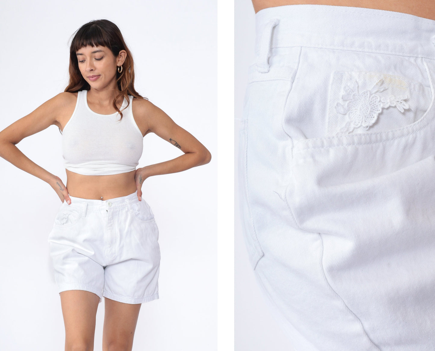 90s White Denim Shorts Floral Lace Trim High Waist Jean Shorts Small