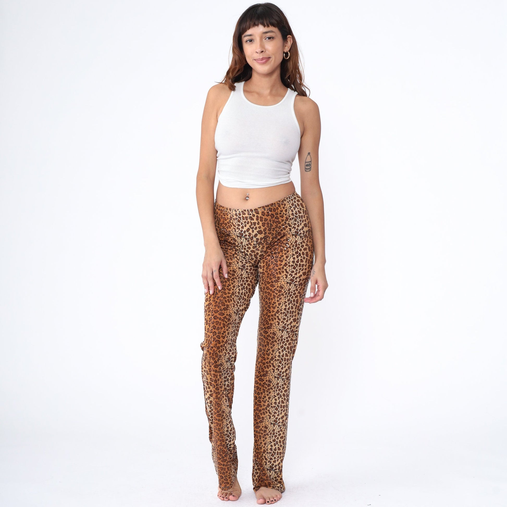 00s Hot Kiss Leopard Glitter Flared Pants Low Rise Y2K Large