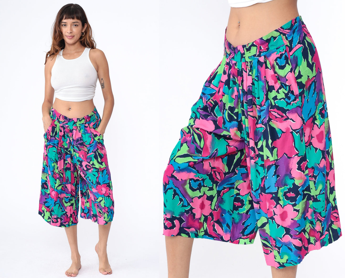 90s Floral Capri Pants High Waist Pleated Wide Leg Abstract Print Purple Pink Medium