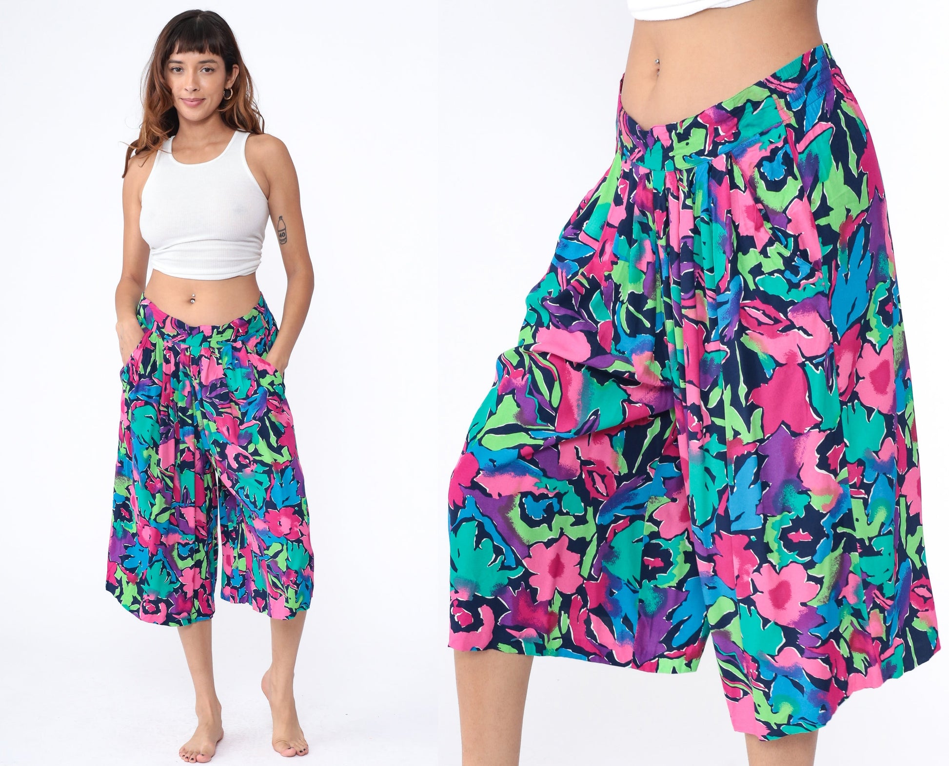 90s Floral Capri Pants High Waist Pleated Wide Leg Abstract Print Purple Pink Medium