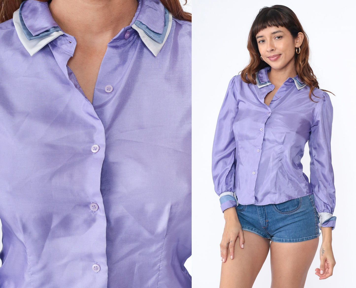 80s Lavender Shiny Blouse Peter Pan Collar Puff Sleeve Button Up Small
