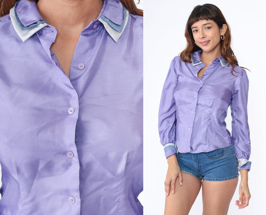 80s Lavender Shiny Blouse Peter Pan Collar Puff Sleeve Button Up Small