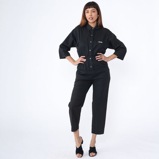 80s Ideas Black Cotton Jumpsuit Button-Up Tapered Leg Small