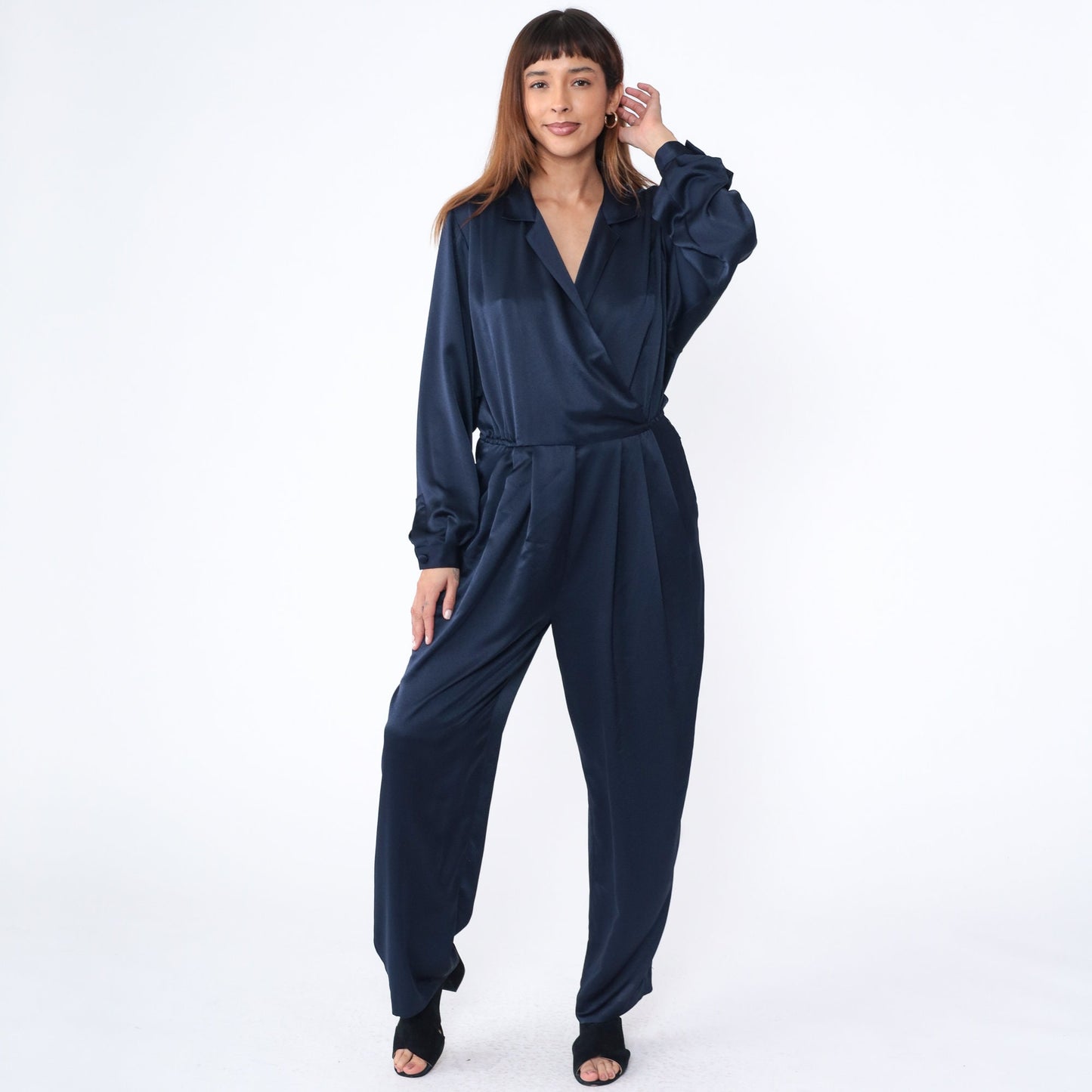 90s Liz Claiborne Navy Wrap Jumpsuit V Neck Tapered Wide Leg Medium
