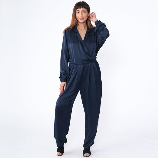 90s Liz Claiborne Navy Wrap Jumpsuit V Neck Tapered Wide Leg Medium