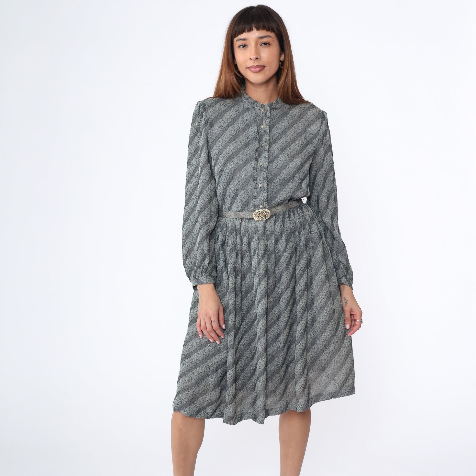 80s Floral Striped Midi Dress Grey White Puff Sleeve Button Up Medium