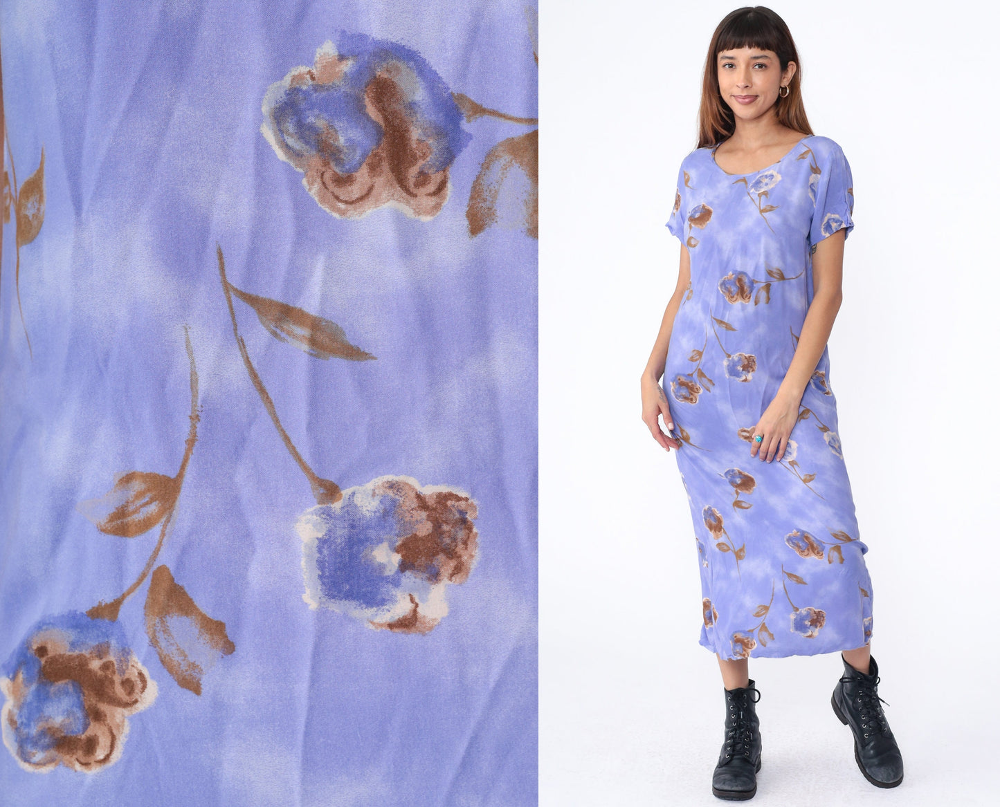 90s Floral Midi Shift Dress Purple Rayon Short Sleeve Scoop Neck Small