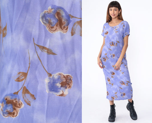 90s Floral Midi Shift Dress Purple Rayon Short Sleeve Scoop Neck Small