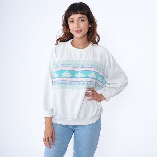 90s Bunny Rabbit Heart Sweatshirt Mock Neck White Pink Plus Size XXL