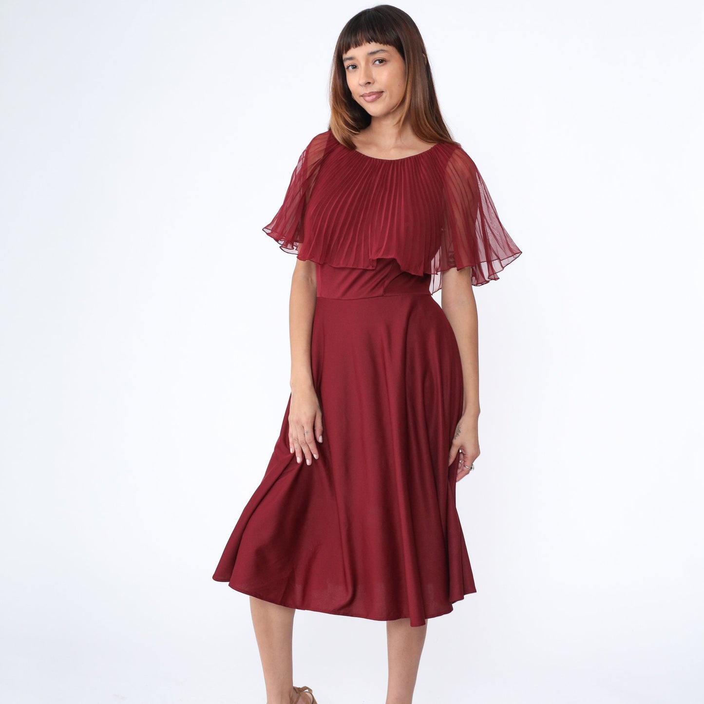 70s Burgundy Chiffon Midi Dress Pleated Capelet High Waist Medium