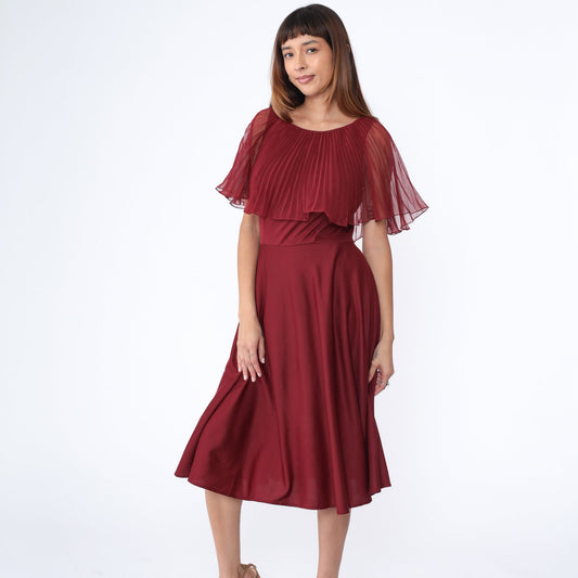 70s Burgundy Chiffon Midi Dress Pleated Capelet High Waist Medium