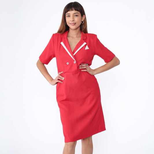 80s Red Wrap Midi Dress White Trim Collared Shirtwaist Medium