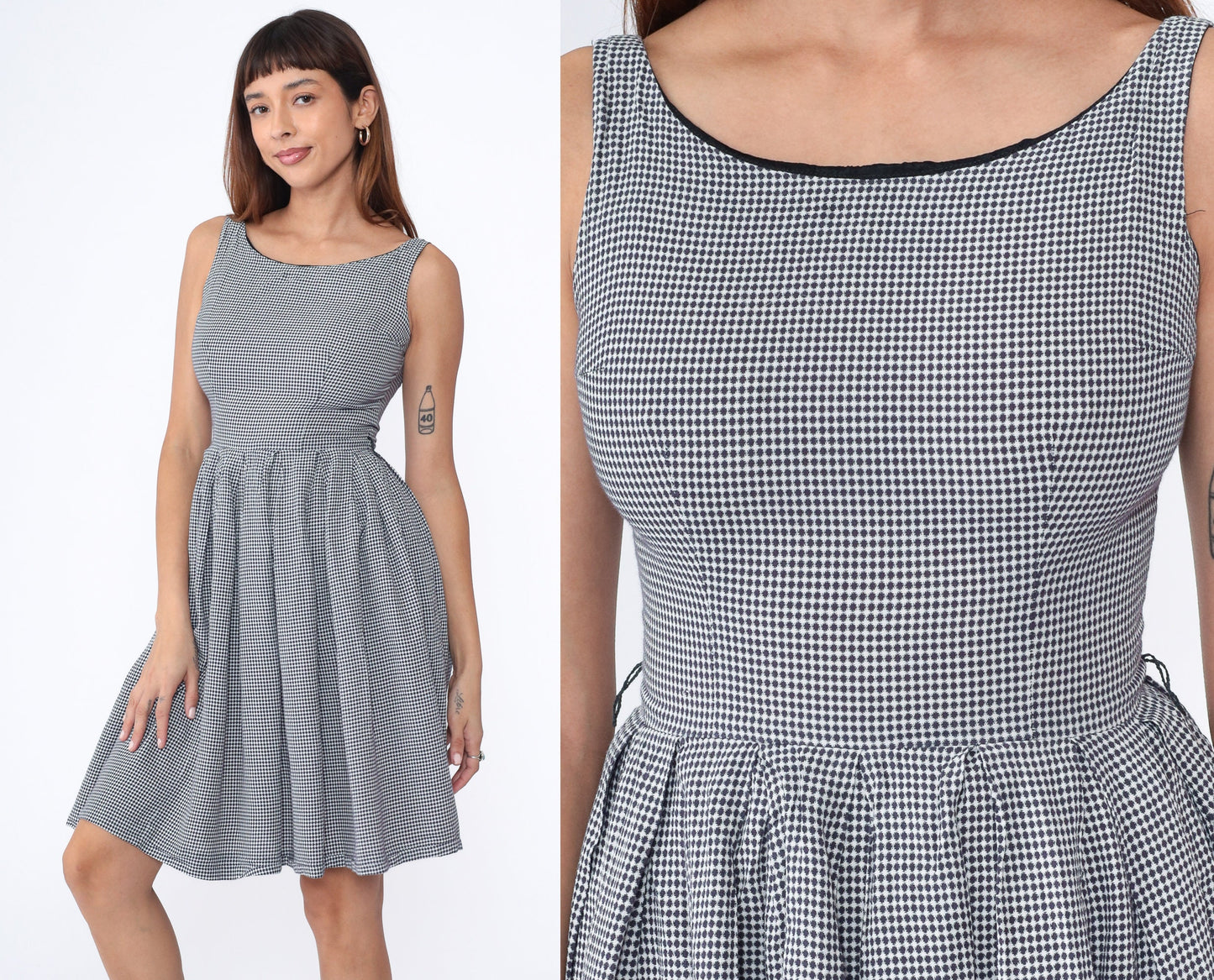 60s Navy White Checkered Mini Dress Pleated High Waist Sleeveless Small