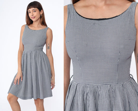 60s Navy White Checkered Mini Dress Pleated High Waist Sleeveless Small