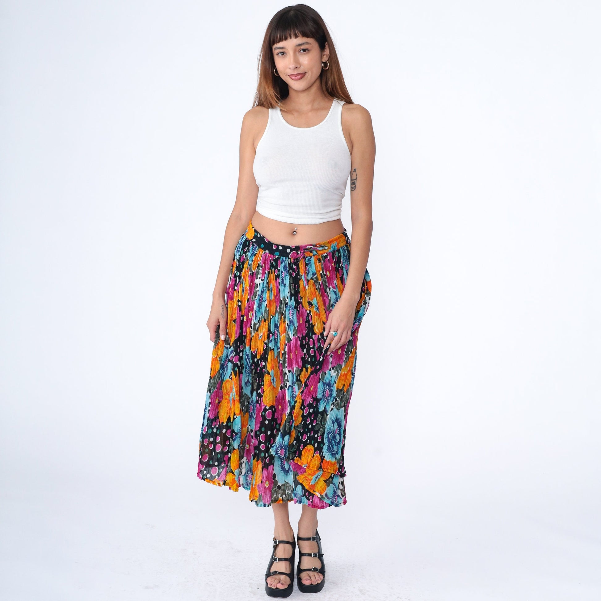 90s Floral Broomstick Skirt Drawstring Midi Cotton Orange Black Fuchsia Medium