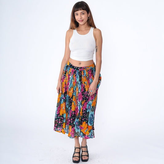 90s Floral Broomstick Skirt Drawstring Midi Cotton Orange Black Fuchsia Medium