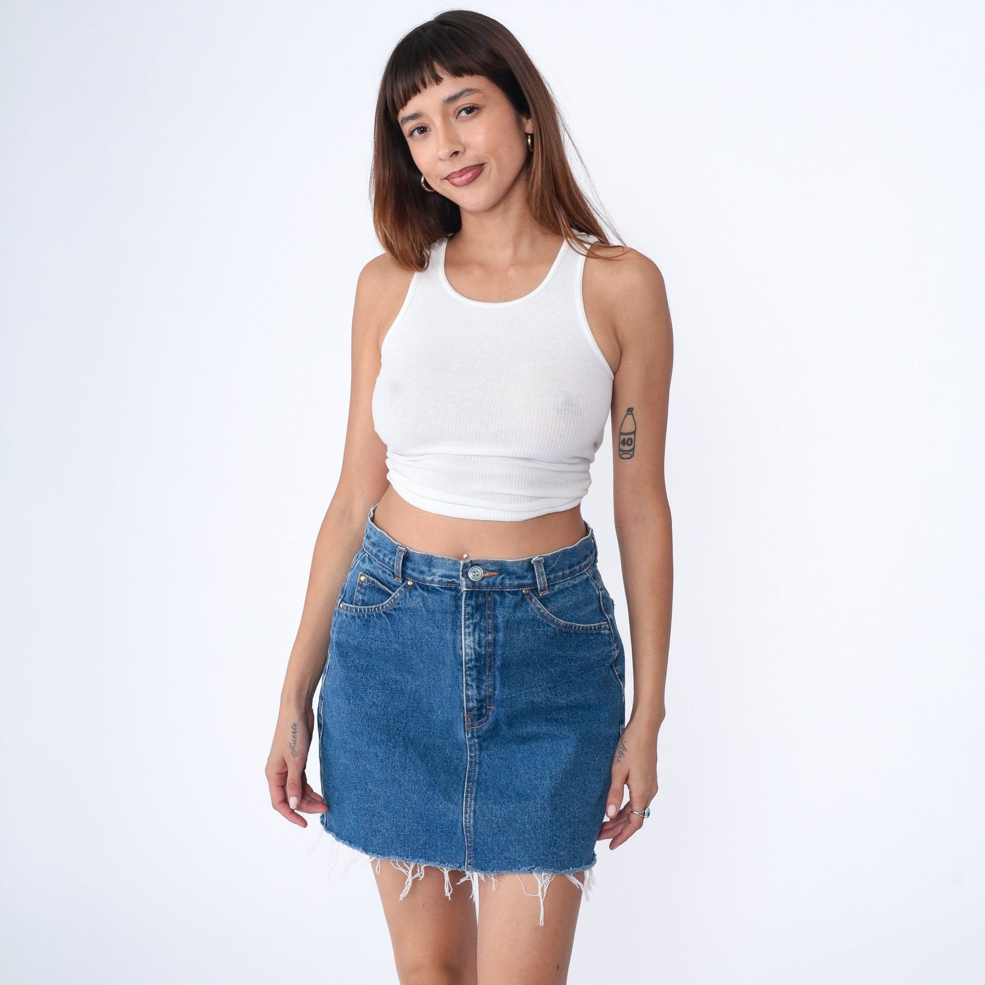 90s Brittania Denim Mini Skirt High Waist Cutoff Blue Medium