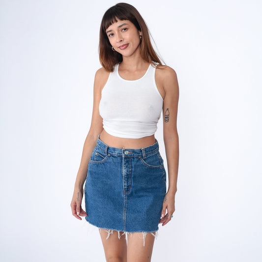 90s Brittania Denim Mini Skirt High Waist Cutoff Blue Medium