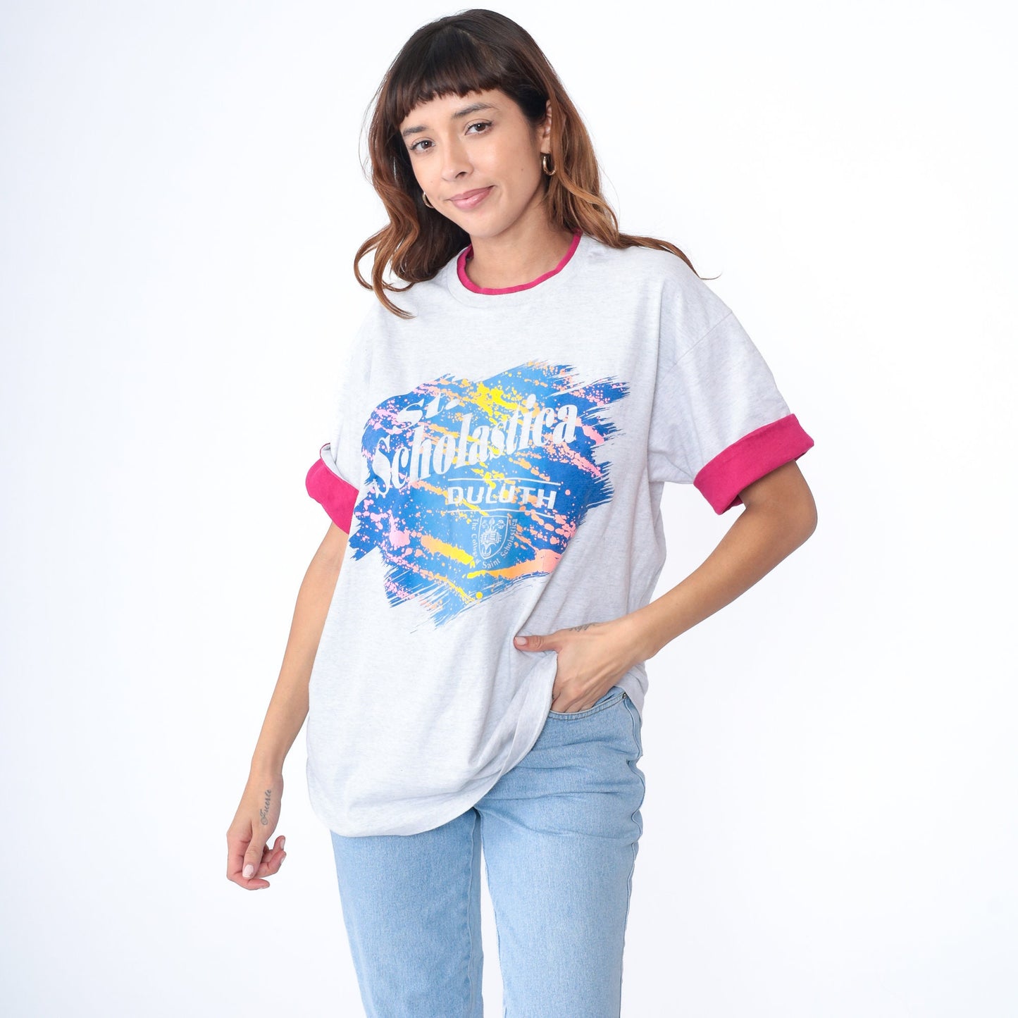 90s St. Scholastica College Ringer Tee Grey Pink Cuffed Sleeve Large