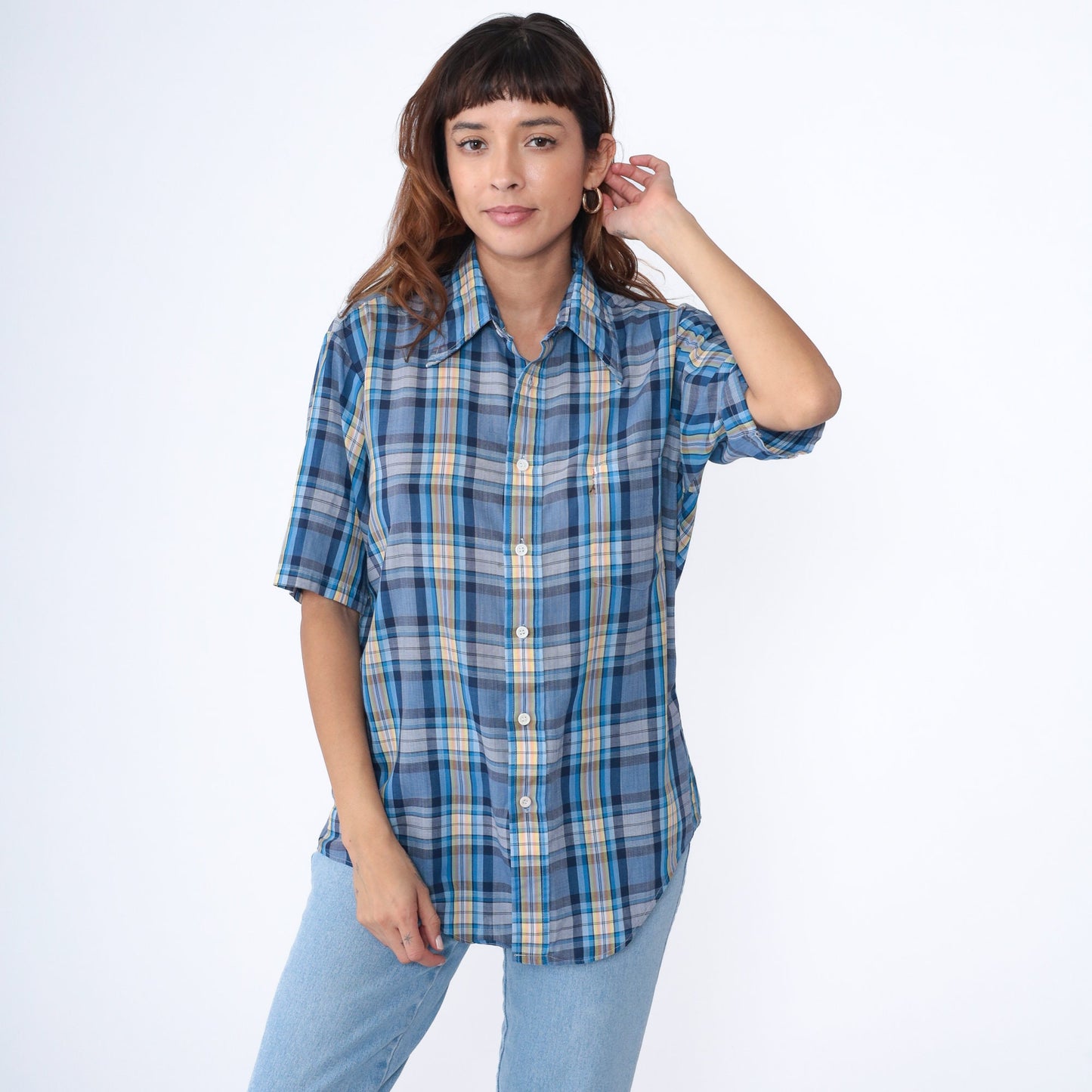 70s Blue Plaid Button-Up Shirt Pointed Collar Short Sleeve Men's Medium