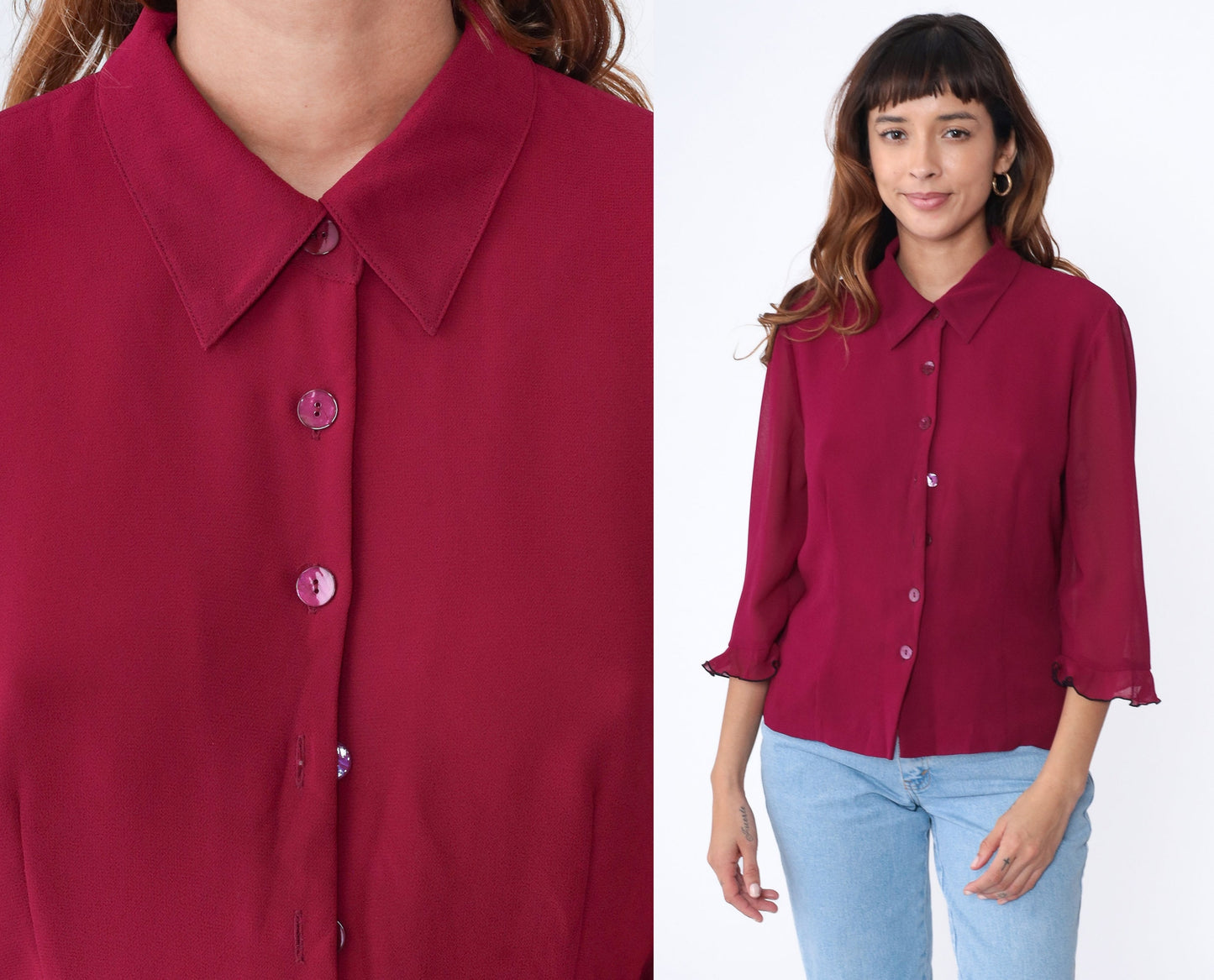 Y2K Raspberry Ruffle Blouse Sheer 3/4 Sleeve Button Up Collared Top Medium