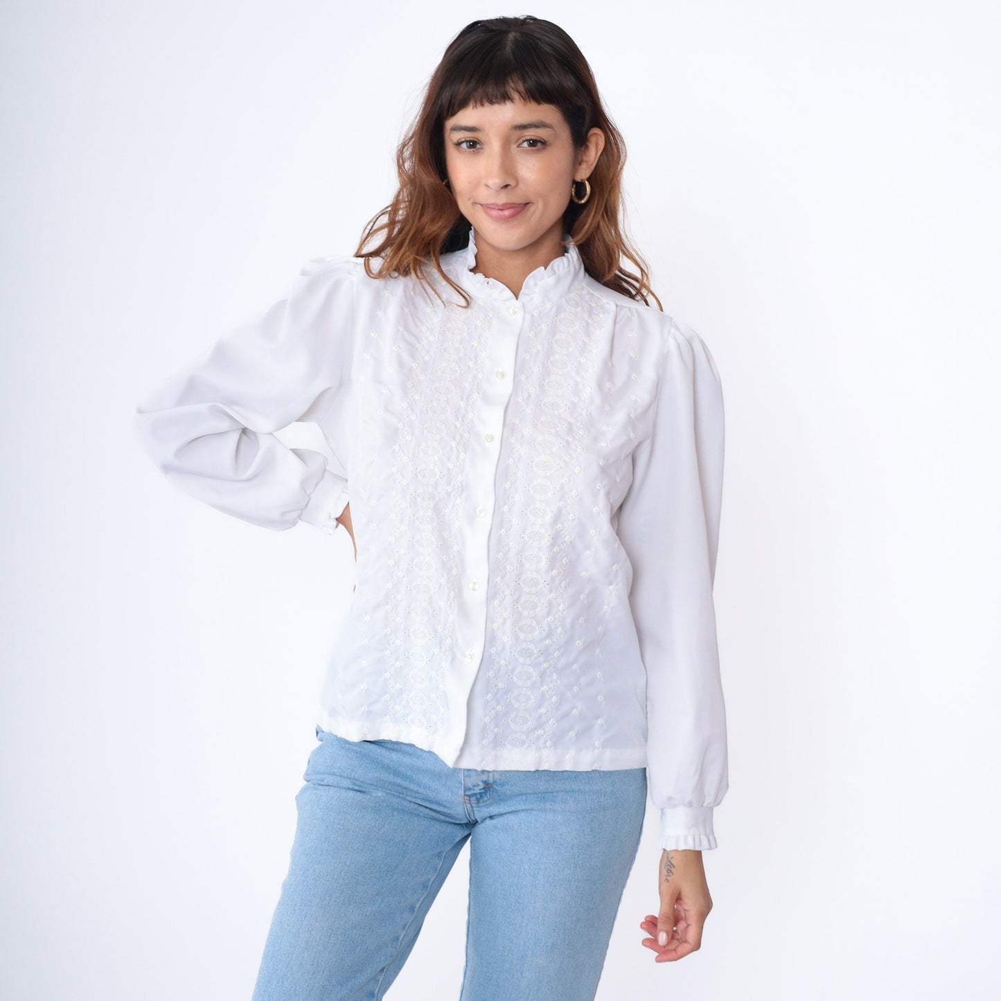 80s White Eyelet Blouse Embroidered Puff Sleeve Button Up Medium