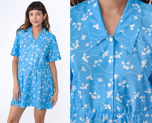 80s Blue Floral Mini Dress Chelsea Collar Button-Up Shirtdress Medium