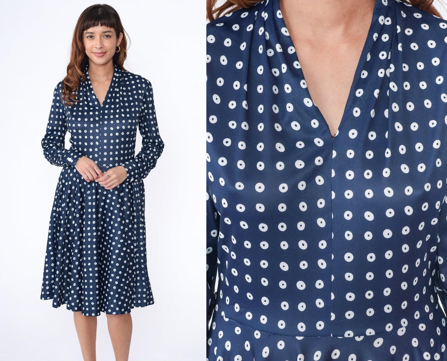 70s Navy Polka Dot Midi Dress V-Neck High Waist Flared Long Sleeve Medium