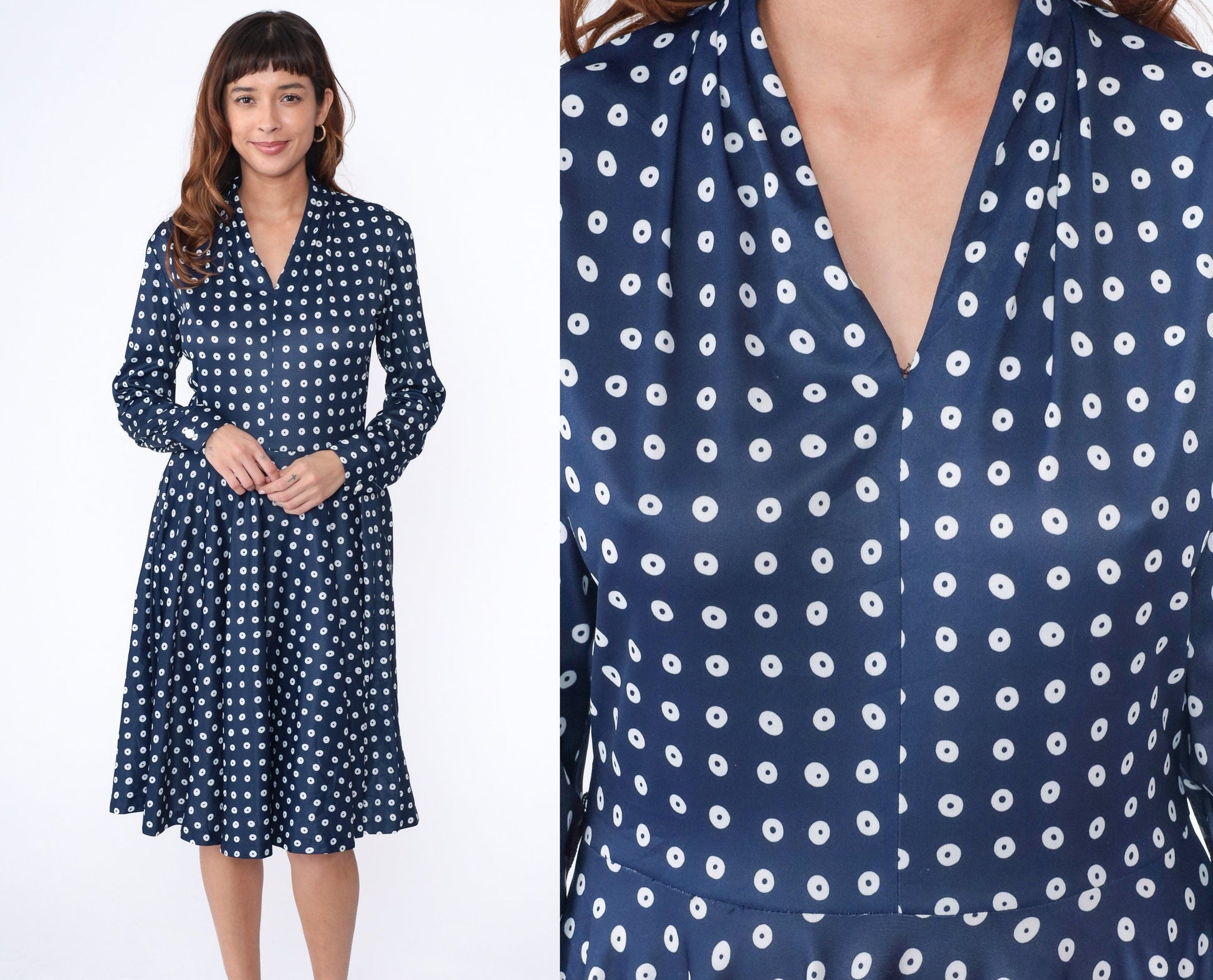 70s Navy Polka Dot Midi Dress V-Neck High Waist Flared Long Sleeve Medium