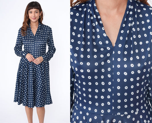 70s Navy Polka Dot Midi Dress V-Neck High Waist Flared Long Sleeve Medium