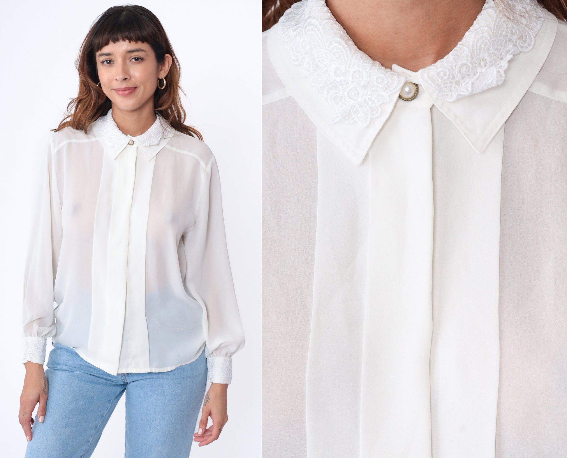 90s White Sheer Blouse Lace Collar Pearl Button Long Sleeve Medium