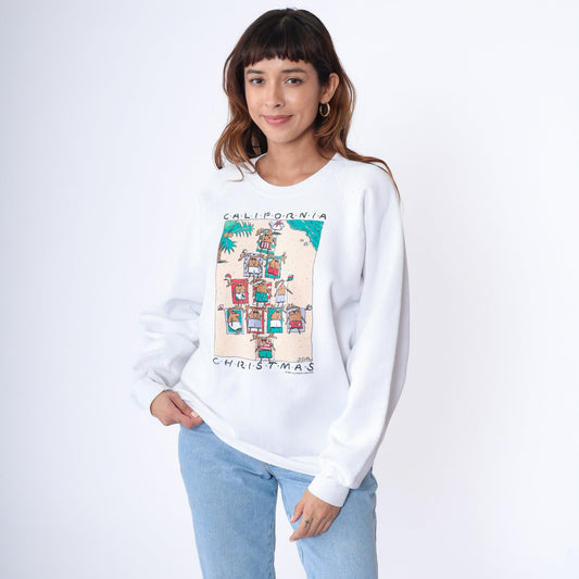 80s California Christmas Reindeer Beach Sweatshirt White Raglan Extra Large