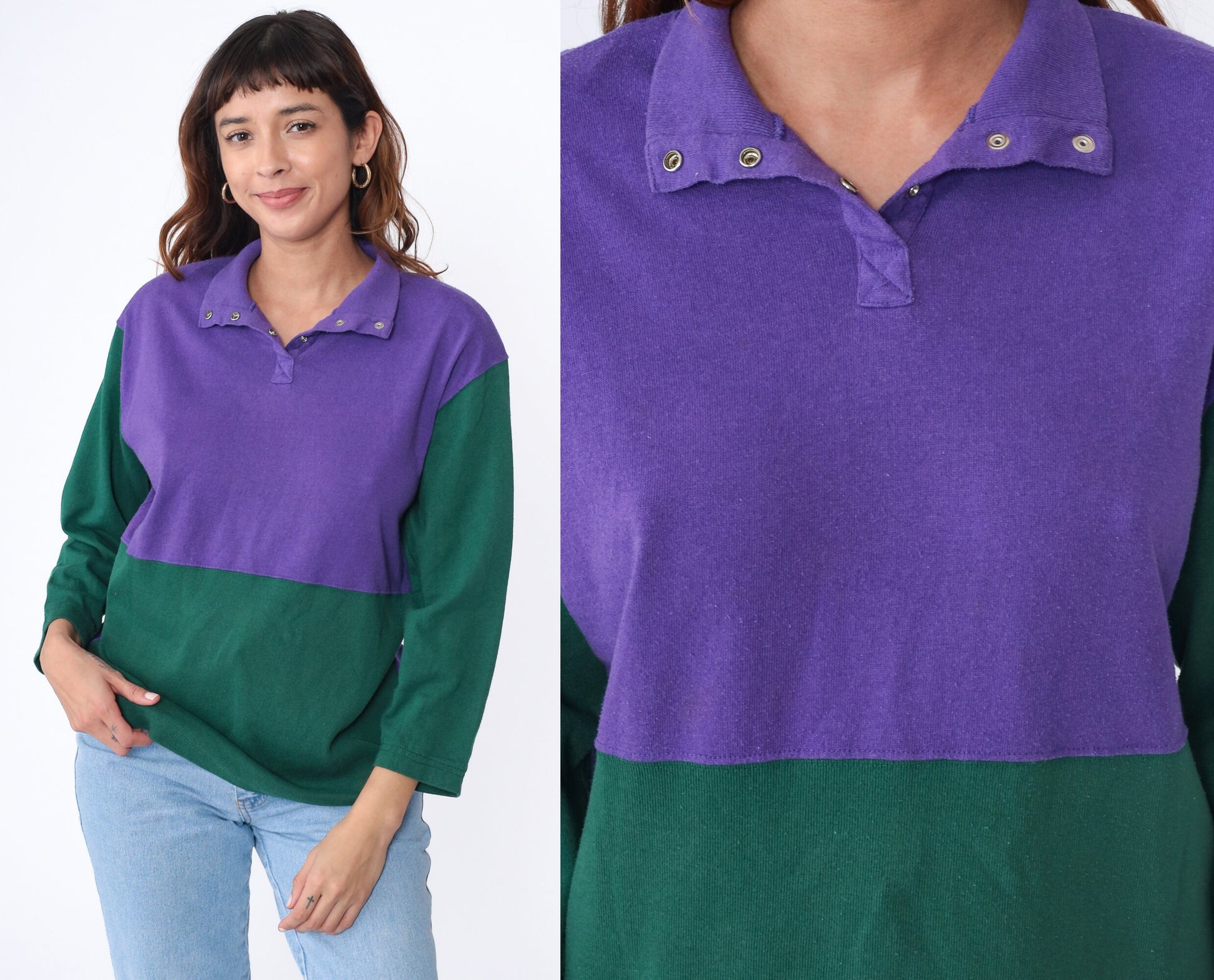 90s Color Block Henley Purple Green Snap Button Long Sleeve Shirt Medium