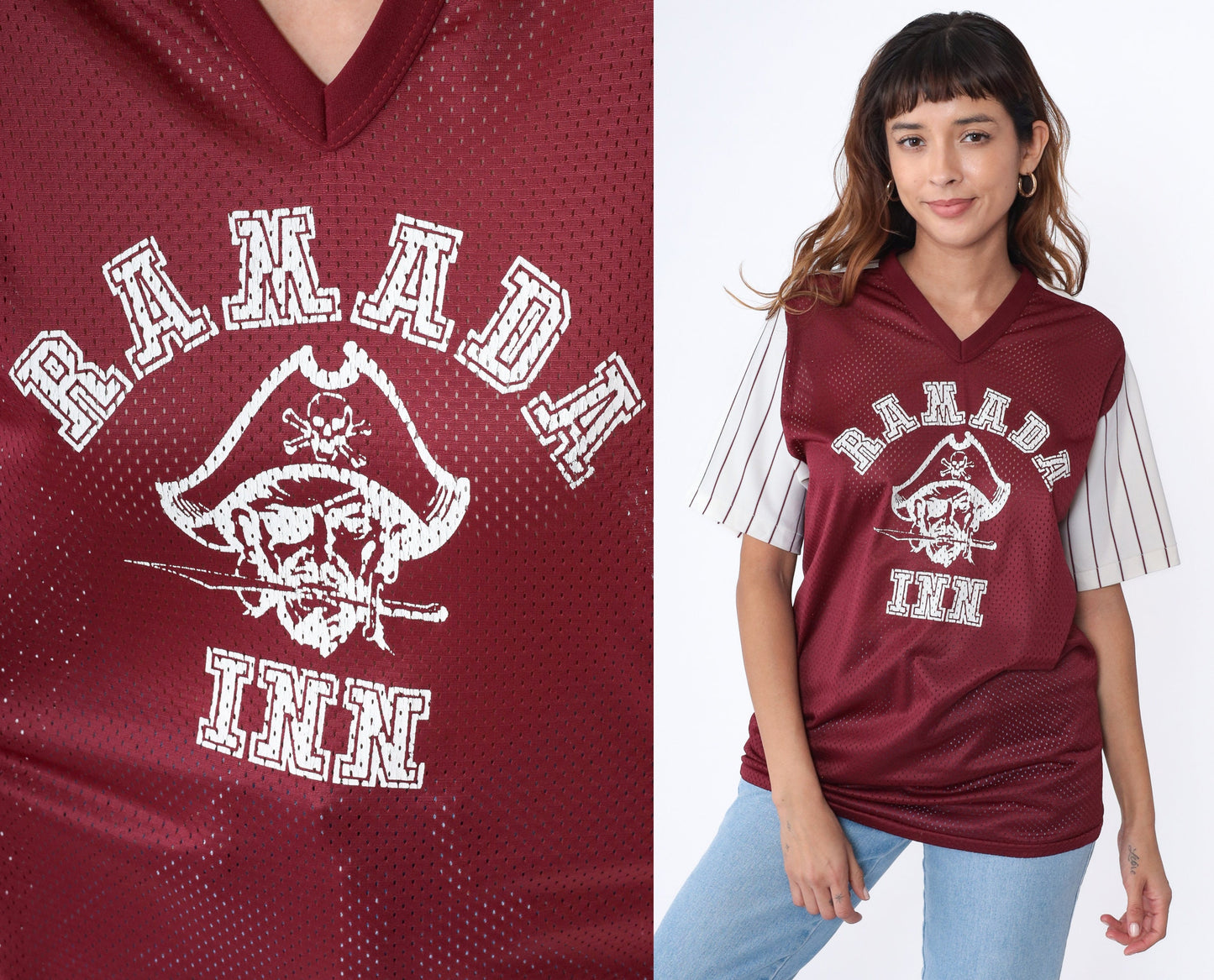 90s Ramada Inn Pirate Baseball Jersey Maroon Mesh V-Neck Medium