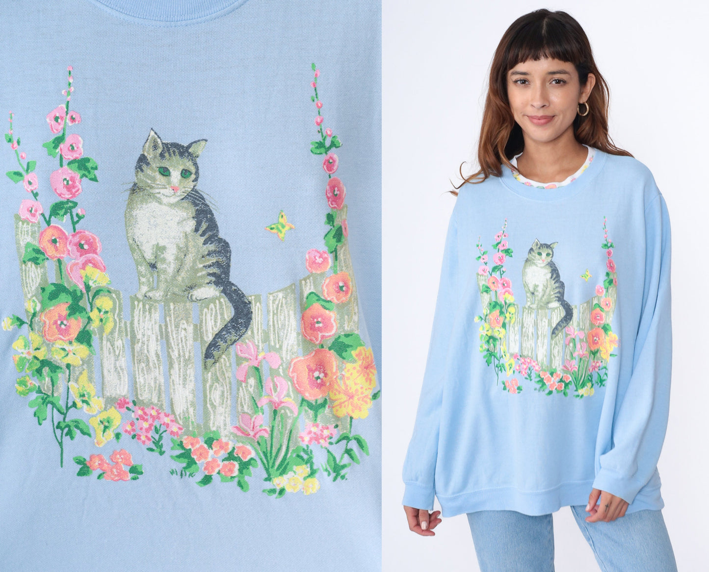 90s Cat Floral Garden Sweatshirt Baby Blue Graphic Crewneck Extra Large XXL