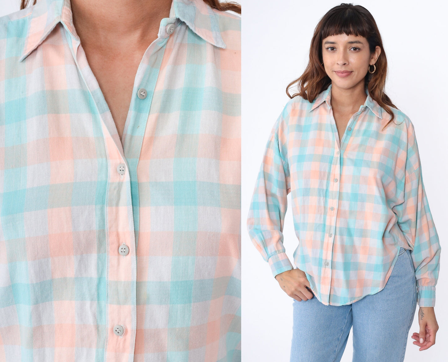 90s Buffalo Check Button Up Blouse Peach Aqua White Cotton Medium