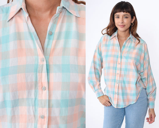 90s Buffalo Check Button Up Blouse Peach Aqua White Cotton Medium