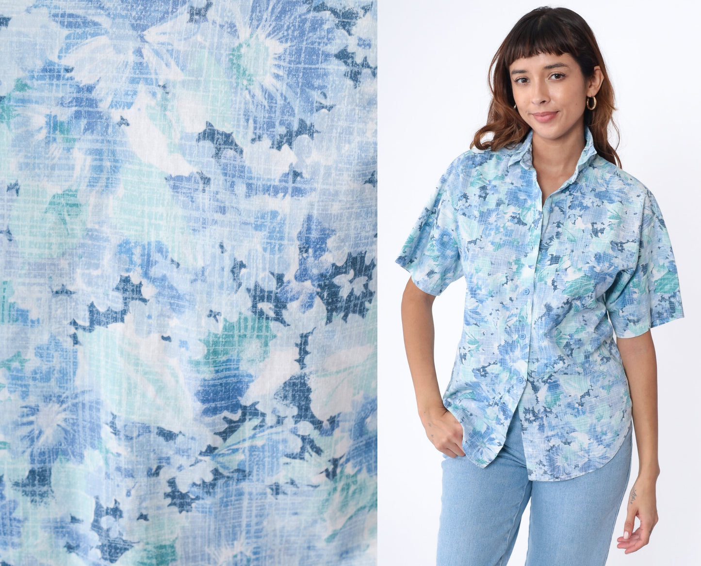 90s Blue Floral Button-Up Shirt Cotton Blend Short Sleeve Medium
