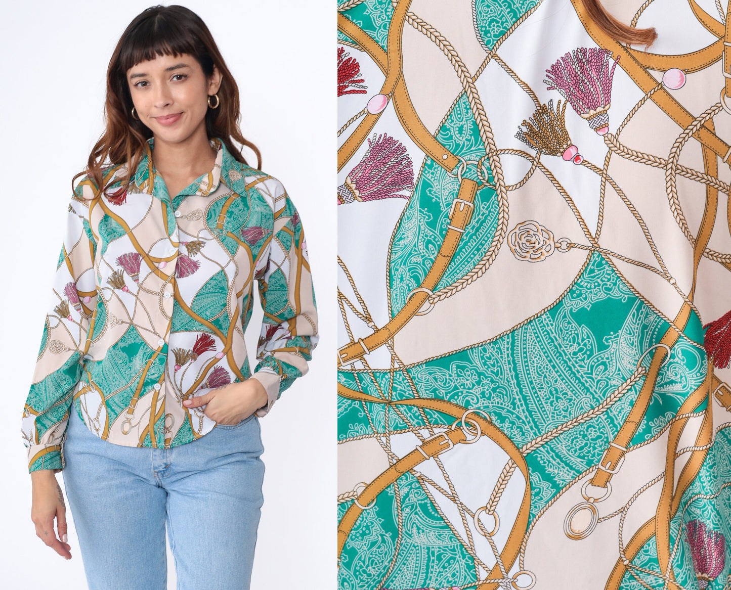 90s Equestrian Blouse Sea Green Paisley Horse Bridle Chain Print Button Up Medium