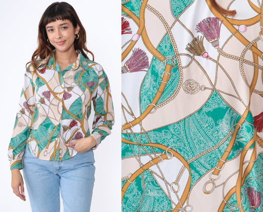 90s Equestrian Blouse Sea Green Paisley Horse Bridle Chain Print Button Up Medium