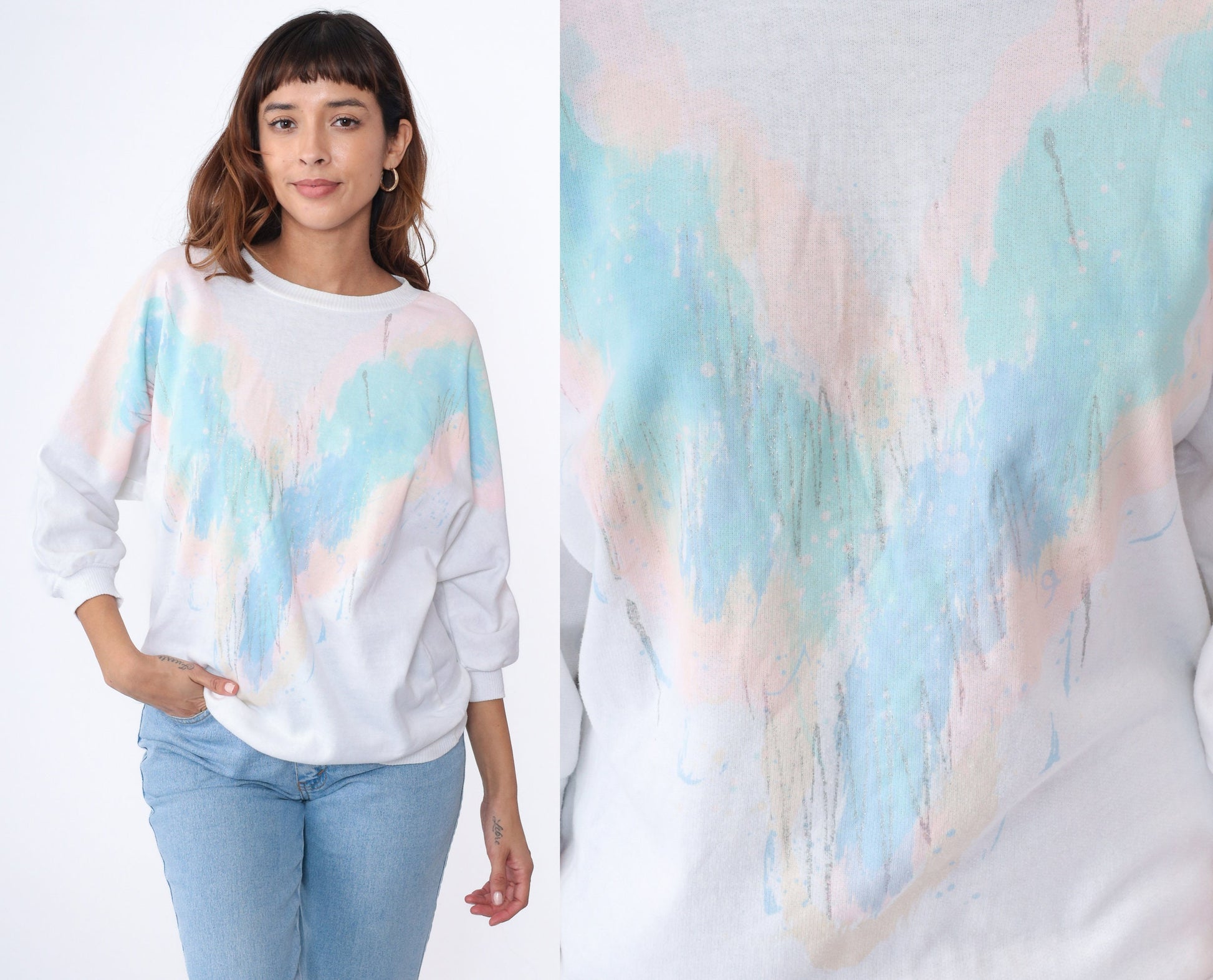 80s White Sweatshirt Pastel Chevron Glitter Paint Batwing Sleeve Medium