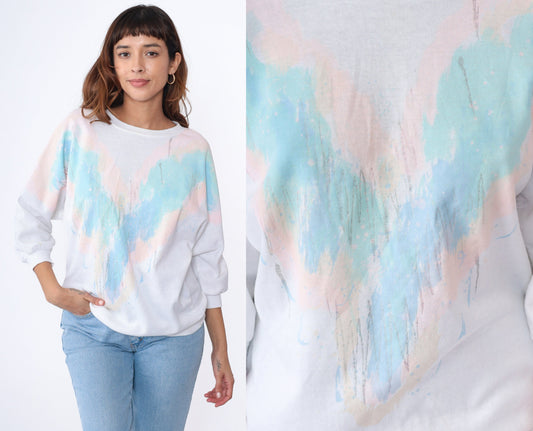 80s White Sweatshirt Pastel Chevron Glitter Paint Batwing Sleeve Medium