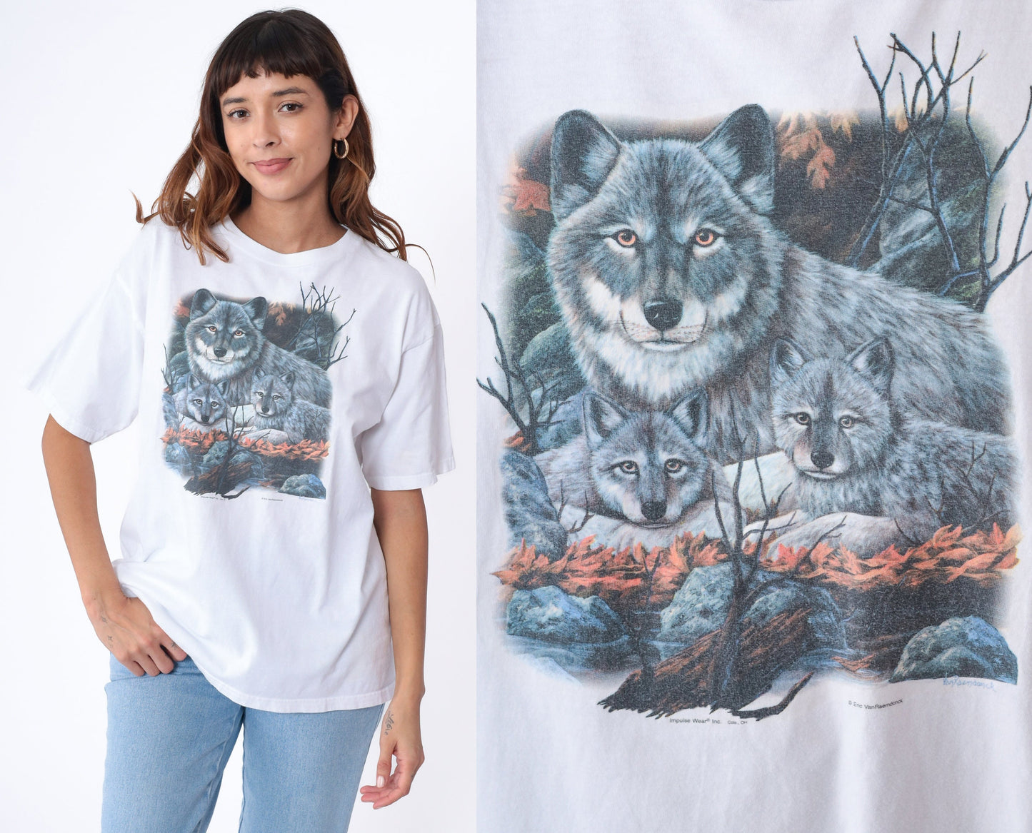 Y2K Wolf Pup Graphic T-Shirt White Cotton Wildlife Tee Large L