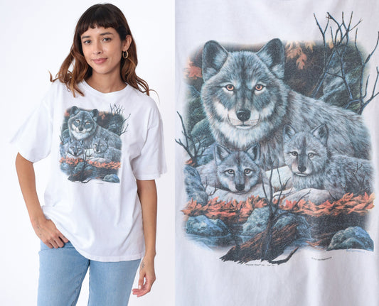 Y2K Wolf Pup Graphic T-Shirt White Cotton Wildlife Tee Large L