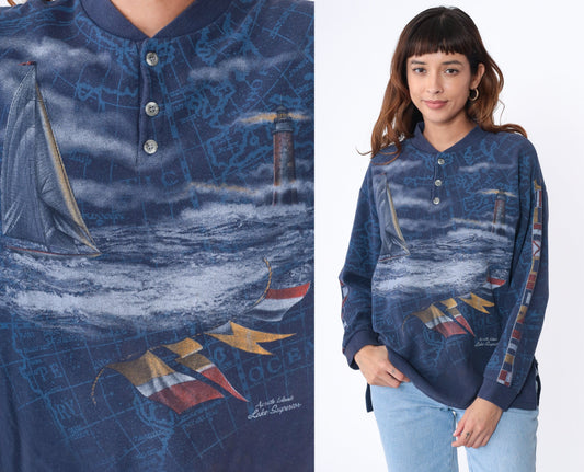 90s Apostle Islands Lake Superior Sailboat Lighthouse Henley Long Sleeve Navy Large