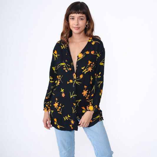 90s Floral Rayon Button Up Blouse Black Longline Collared Shirt Medium