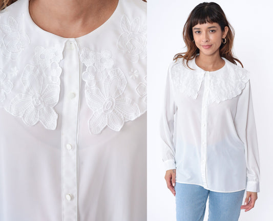 80s White Floral Embroidered Puritan Collar Blouse Button Up Long Sleeve Medium