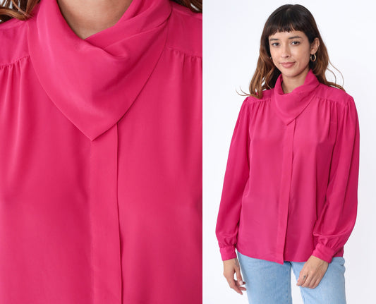 90s Fuchsia Pink Puff Sleeve Blouse Scarf Neck Hidden Button Small